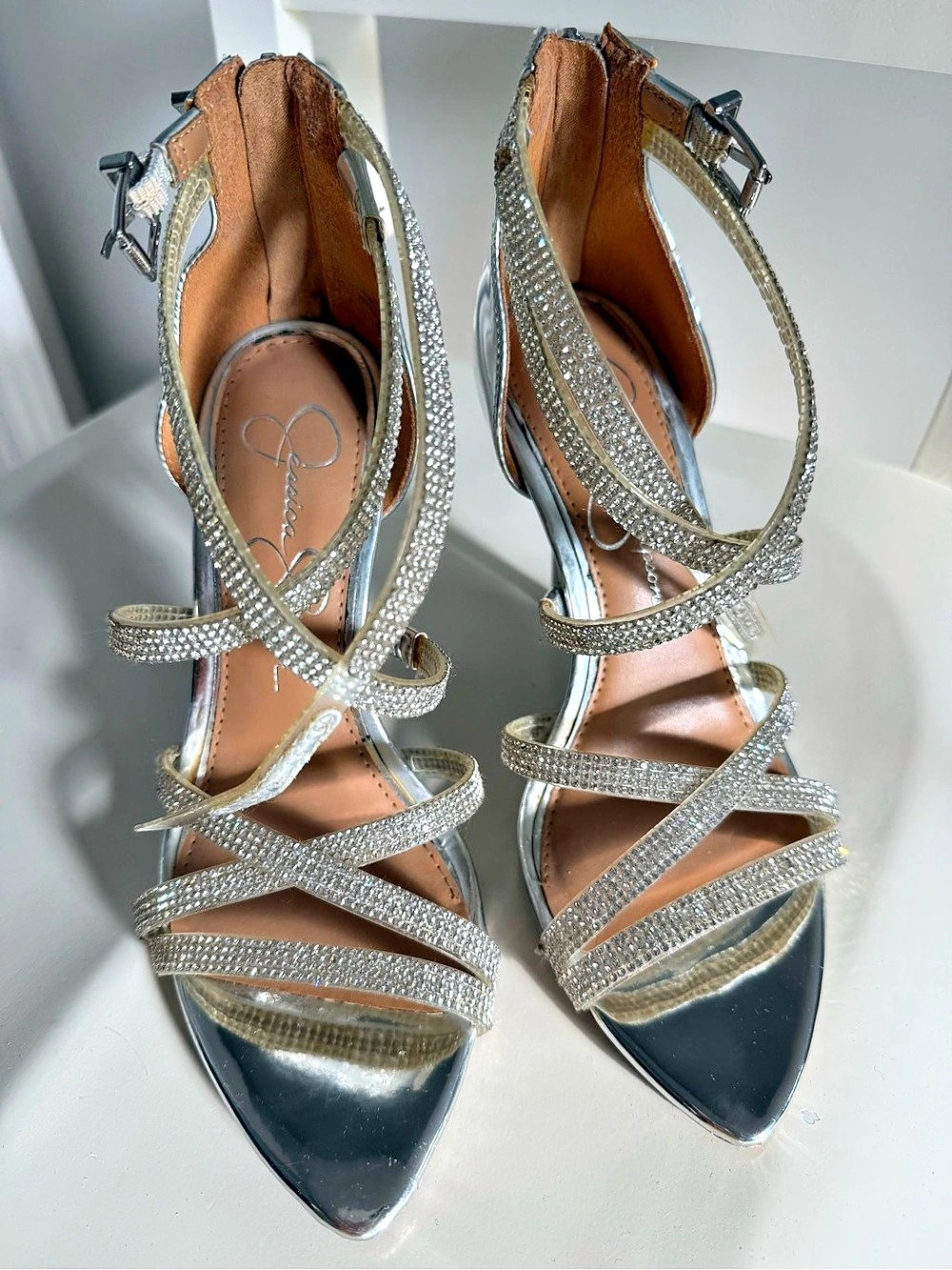 Jessica Simpson Wylanne Stiletto Heel Rhinestone Strappy Heels Silver US 6M